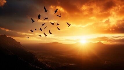 Fototapeta premium Sunset over mountains with soaring birds, casting a warm glow in the sky, creating a serene and picturesque landscape.
