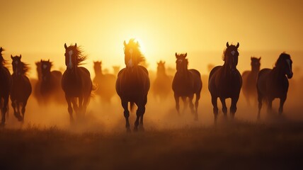 Fototapeta premium A majestic herd of horses thunders across an open field, silhouetted against a vibrant sunset, creating a breathtaking scene of freedom and power.