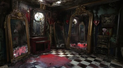 Obraz premium An abandoned room reveals multiple ornate mirrors reflecting a dark, unsettling ambiance filled with decay and red stains on the floor. The haunting presence of shadows creates a chilling effect.