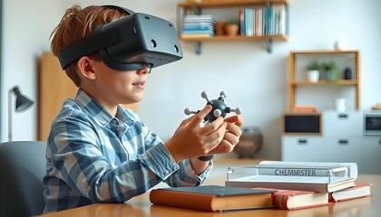 Young Boy Exploring Virtual Reality with Molecular Model.