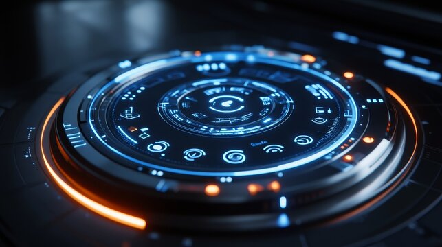 High-tech smart home control panel, circular layout with dynamic icons for lighting, temperature, and security, metallic tones, sleek reflections