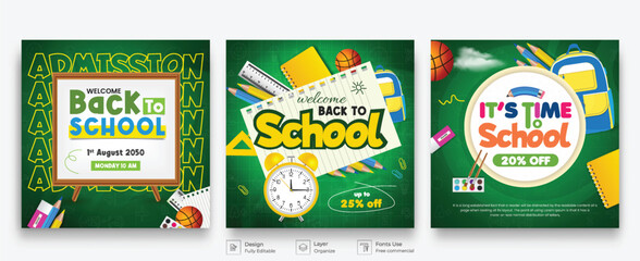 Back to School Social Media Design with Alarm Clock and Typography Letter on Chalkboard Background