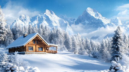 Fototapeta premium Fantastic winter landscape with wooden house in snowy mountains. Christmas holiday postcard collage