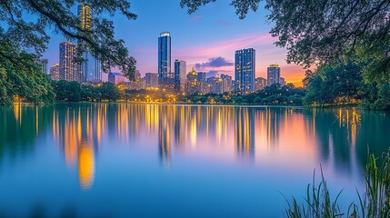 Cityscape Reflected in a Still Lake at Sunset