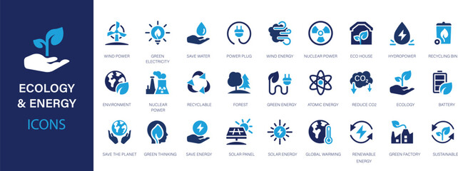 Ecology line icons set. 50 Ecology and nature green symbol collection. Green energy, renewable energy and green technology symbol.
