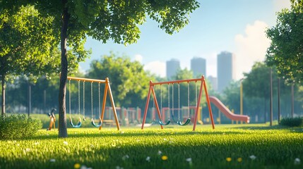 Fototapeta premium 2D background of a playground with swings, slides, and a grassy field, creating a cheerful atmosphere, hyper-realistic, sharp images, high quality