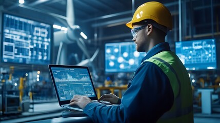 Wind turbine engineer using a laptop to monitor turbine performance data, soft blue lighting from the screen, detailed view of the performance data and engineer analysis, with a backdrop of a busy