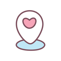 Cute location marker icon. Hand drawn illustration of a navigation mark with a heart isolated on a white background. Kawaii St. Valentine day sticker. Vector 10 EPS.