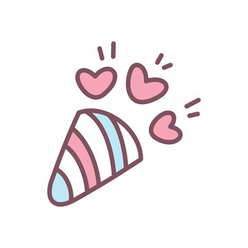 recommend clip art: Cute party flapper icon. Hand drawn illustration of a festive popper with confetti hearts isolated on a white background. Kawaii St. Valentine day sticker. Vector 10 EPS.