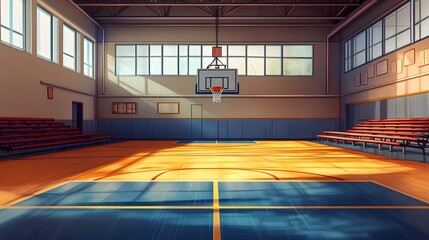 Illustration of a 2D background of a school gymnasium with basketball hoops, bleachers, and sports equipment, hyper-realistic, high quality, sharp images