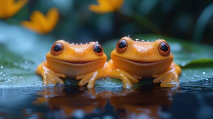 Two Smiling Golden Frogs on a Lily Pad