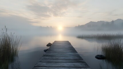Fototapeta premium Serene Foggy Sunrise Over a Wooden Dock