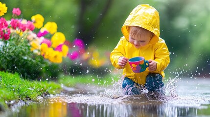 Joyful Childhood: A Bright Yellow Raincoat and Colorful Cup Splashing in Puddles - Perfect Poster for Playful Spaces and Vibrant Interiors!