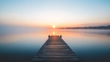 Naklejka premium Serene Sunrise Over a Misty Lake