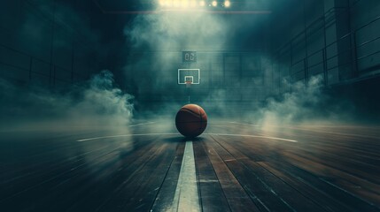 Basketball with Dramatic Smoke Effects on Court, Spotlight Highlighting Ball and Clean Hardwood Floo