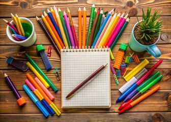Vibrant desk setup with assorted colorful pens, pencils, and a blank notebook, surrounded by scattered papers and a few decorative objects on a wooden surface.
