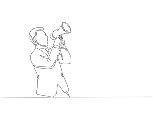 Continuous one line drawing of man holding megaphone. One line drawing illustration of international human rights day. Democracy, demonstration, awareness, protest concept line art. Editable outline.