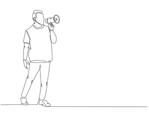 Continuous one line drawing of man holding megaphone. One line drawing illustration of international human rights day. Democracy, demonstration, awareness, protest concept line art. Editable outline.