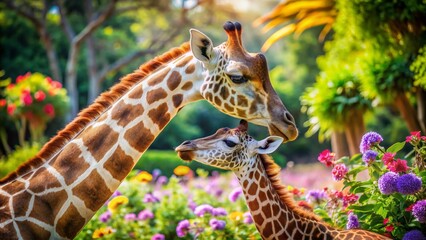 Obraz premium Adorable baby giraffe nuzzles its mother's neck amidst vibrant flowers and lush greenery in a serene and sunny garden setting, capturing tender bonding moment.