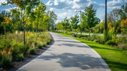 Urban Green Corridor with Scenic Walking and Biking Paths Lined with Trees and Native Plants