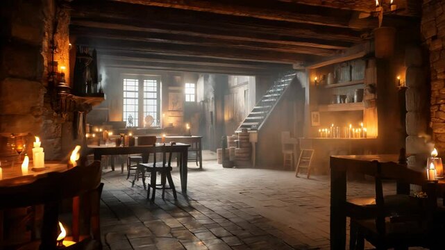 Rustic medieval tavern interior. Wooden beams, stone walls, long table. Flickering candles, warm firelight. Cozy, inviting atmosphere. Shadows dance, creating depth. 