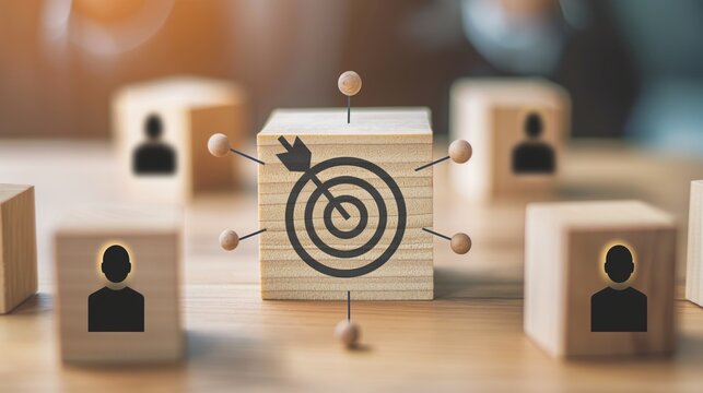 Wooden Block with Target Icon Connected to Human Icons, Representing Customer Focus Groups and CRM Strategies - Powered by Adobe