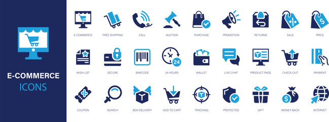 E-Commerce icons. 60 E-commerce, online shopping and delivery icon. Flat icons collection