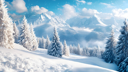 Obraz premium fresh snow and mountain landscape with firs background Christmas banner
