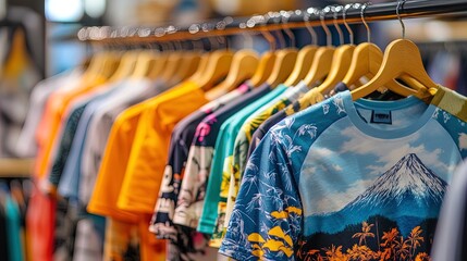 Obraz premium Vibrant Collection of Colorful T-Shirts with Mountain Graphics and Tropical Motifs – Perfect Wall Art Poster for Sporty Interiors and Fashion Enthusiasts!