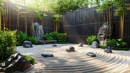 Peaceful Urban Zen Garden Offering Tranquil Retreat with Raked Sand and Stone Sculptures