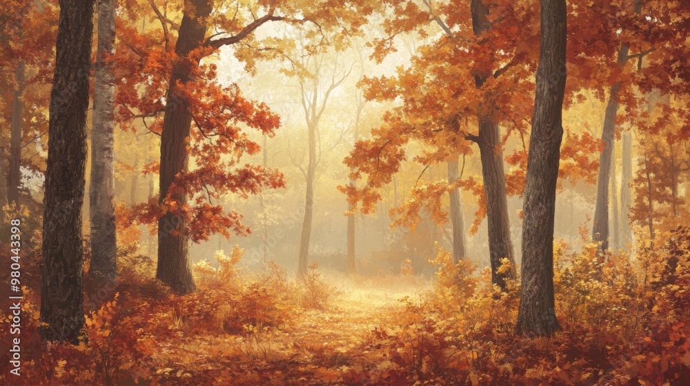 Poster A tranquil forest path invites exploration, flanked by towering trees adorned with fiery orange and red leaves. A soft fog enhances the peaceful atmosphere, creating a serene autumn setting.