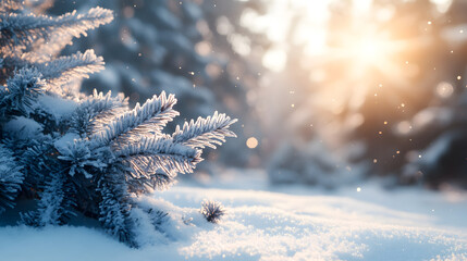 Frosty winter landscape in snowy forest. Christmas background with fir trees and blurred background of winter
