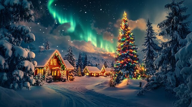 A serene scene of the Northern Lights casting a colorful glow over a winter landscape, with a cozy Christmas village and snow-covered trees adorned with festive decorations