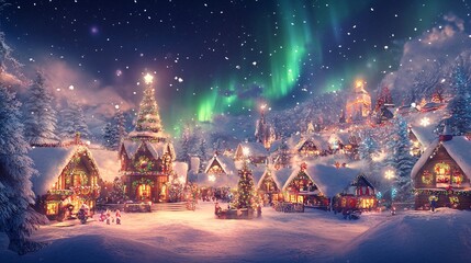 Obraz premium A whimsical photo of the Northern Lights dancing above a snowy Christmas village, with festive decorations and twinkling lights creating a magical winter scene