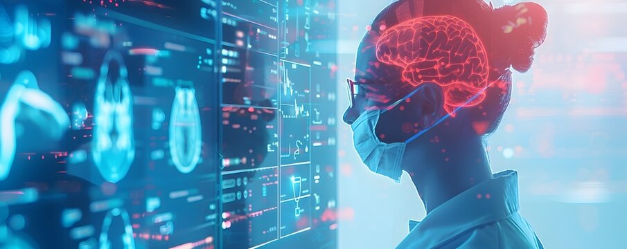 Remote Consultation with AI User Discussing Symptoms on Detailed Clean Medical Interface Telemedicine Concept