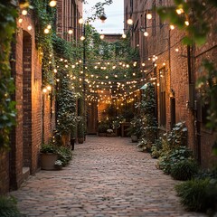 Fototapeta premium A charming alleyway illuminated by glowing string lights, surrounded by lush greenery and rustic brick walls, creating a cozy atmosphere.
