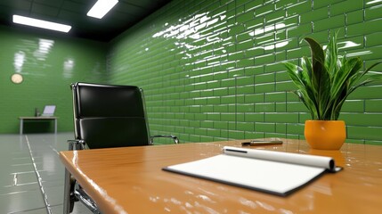 Modern office interior featuring a green tiled wall, a stylish chair, and a desk with a notepad and plant, perfect for creative work.