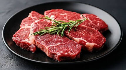 Fototapeta premium Raw Beef Steaks with Rosemary on Black Plate