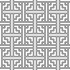 Seamless abstract geometric pattern consisting of interlocking black and white lines arranged symmetrically and regularly. Suitable for graphic design, textiles or decoration.