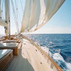 Fototapeta premium A serene view of a sailing yacht cutting through bright blue waters under a clear sky, embodying tranquility and adventure.