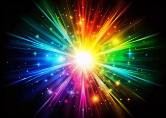 Fototapeta premium Vibrant rainbow flare bursts against a dramatic black background, radiating energy and creativity, perfect for adding a pop of color to your design project.