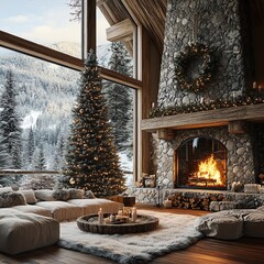 Mountain lodge with a large stone fireplace, fur rugs, a tall Christmas tree with natural decorations, and snow visible through the windows, cozy winter retreat
