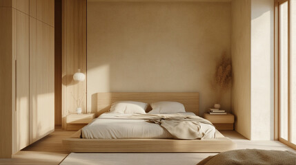 Comfortable living room with bed near white wall in room.