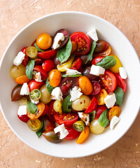Salad with tomatoes, feta cheese, basil and balsamic vinegar. Healthy food. Vegetarian food.