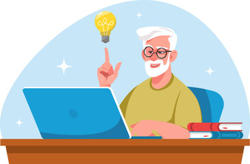 old man comes up with an idea while sitting at his computer.