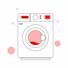 A minimalistic vector illustration of a washing machine with red and pink accents, perfect for household, laundry, or cleaning-related designs...