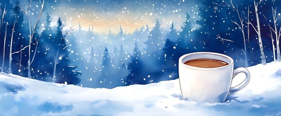 A warm cup of coffee in the snow, a perfect winter scene.