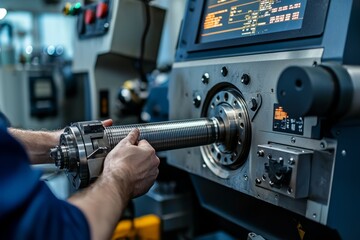 Naklejka premium Worker Programs A CNC Lathe Using A Computer Interface. The Lathe Spins A Metal Rod As It Is Shaped