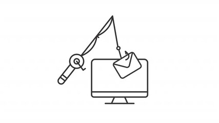 Phishing line animation. Mail scam animated icon. Fishing reel spinning. Moving message. Email spam. Black illustration on white background. HD video with alpha channel. Motion graphic