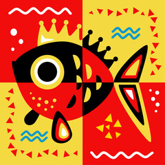 Fototapeta premium Queen fish seamless pattern in yellow red and black